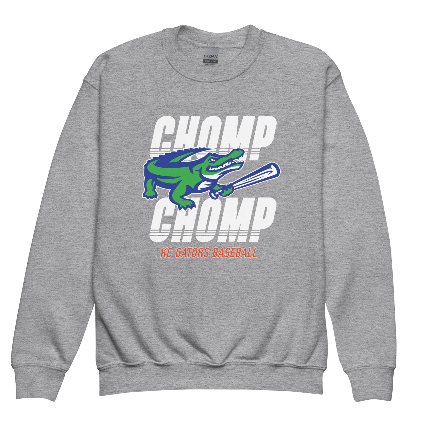 Gators Baseball YOUTH Chomp Chomp Gildan Crewneck in Sport Grey