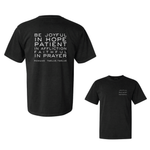 Load image into Gallery viewer, St James &quot;Joyful Patient Faithful&quot; | Comfort Colors Garment-Dyed Heavyweight Tee in Black
