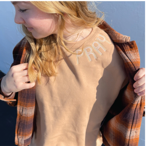 St. James "Pray" | Embroidered Bella Canvas Unisex Sponge Fleece Drop Shoulder Crewneck Sweatshirt in Sandstone