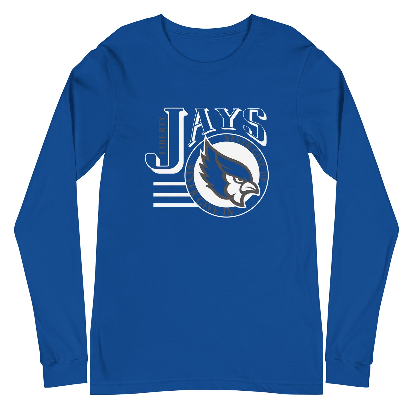 Blue Jays Never Give Up Bella Canvas Long-Sleeve Tee in True Royal