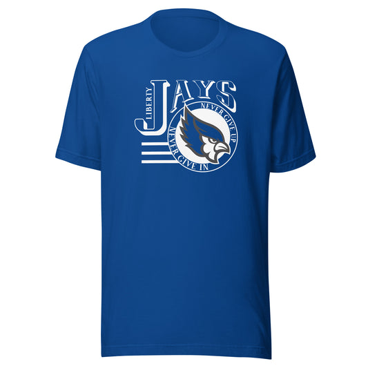 Blue Jays Never Give Up Bella Canvas Jersey Tee in True Royal